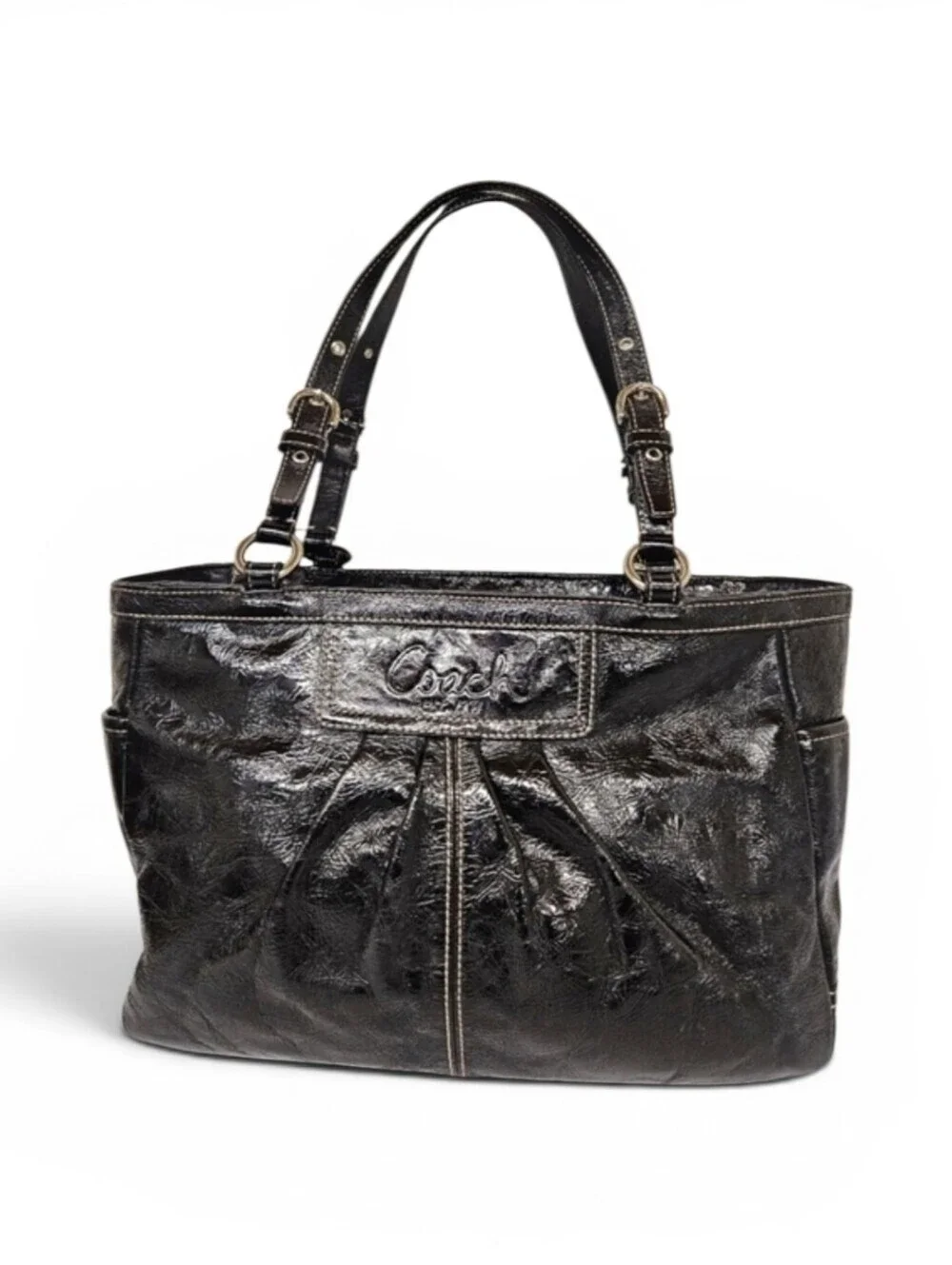 Coach Gallery Zippered Tote Bag in Black Patent Cowhide Leather F13761